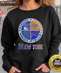 Good New York City Sports sweatshirt featuring Rangers, Knicks, Bills, and Yankees logos in a stylish design.