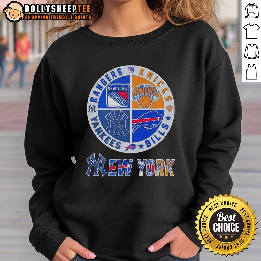 Good New York City Sports Rangers Knicks Bills Yankees Logos Combine Sweatshirt Good New York City Sports sweatshirt featuring Rangers, Knicks, Bills, and Yankees logos in a stylish design.