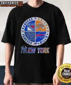 Good New York City sports t-shirt featuring Rangers, Knicks, Bills, and Yankees logos in a stylish design.