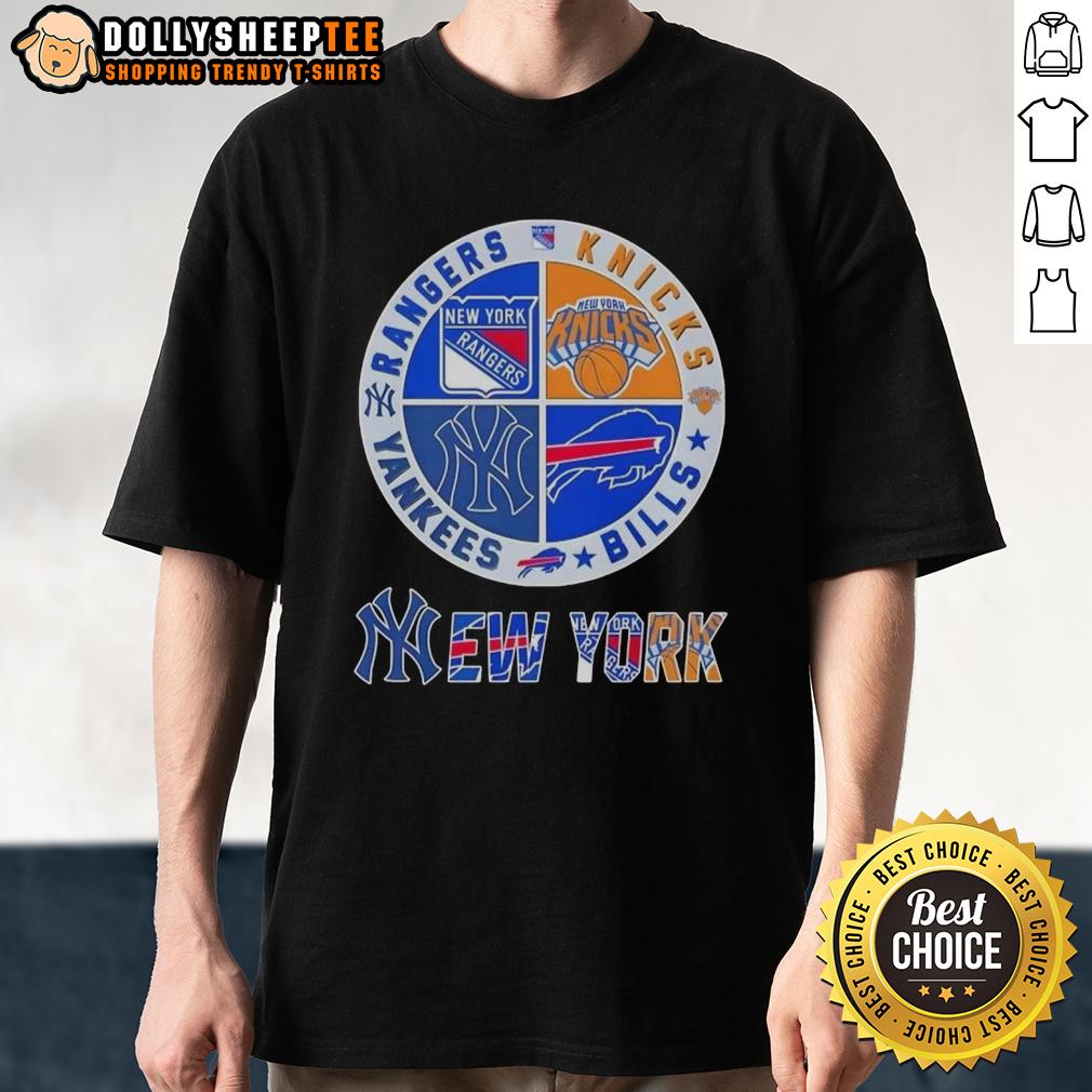 Good New York City Sports Rangers Knicks Bills Yankees Logos Combine T Shirt Good New York City sports t-shirt featuring Rangers, Knicks, Bills, and Yankees logos in a stylish design.