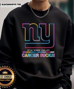 Alt Text: New York Giants football sweatshirt featuring colorful 'Cancer Sucks' logo, perfect for fans supporting the cause.
