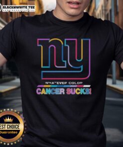 Good New York Giants Football cancer awareness t-shirt featuring vibrant logo colors and a powerful message that cancer sucks.