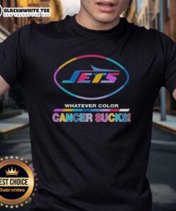 Alt Text: Good New York Jets Football T-Shirt featuring colorful 'Cancer Sucks' logo, perfect for fans supporting cancer awareness.