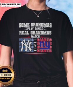 Grandmas enjoying bingo while wearing New York Yankees and Giants themed tees, showcasing their love for sports.