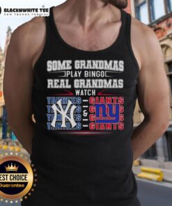 Grandmas in tank tops enjoy watching the New York Yankees and New York Giants, showcasing true fan spirit.
