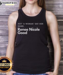 Renee Nicole Good wearing a stylish tank top with 'Say Her Name' graphic, showcasing empowerment and fashion.