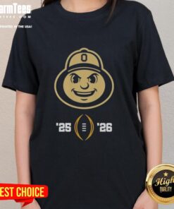 Good Ohio State Buckeyes mascot head design on a ladies tee for the 2025-2026 College Football Playoff.