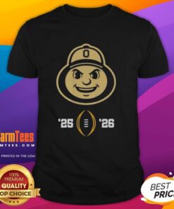 Ohio State Buckeyes mascot head on a 2025-2026 College Football Playoff T-shirt, perfect for fans and game day attire.