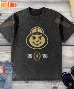 Ohio State Buckeyes mascot head graphic on a washed t-shirt for the 2025-2026 College Football Playoff.