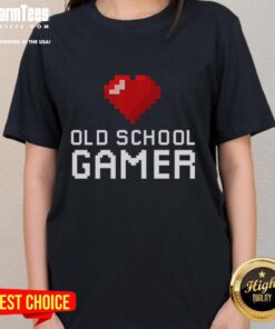 Good Old School Gamer Heart Ladies Tee featuring a retro gaming design, perfect for female gamers and vintage game lovers.