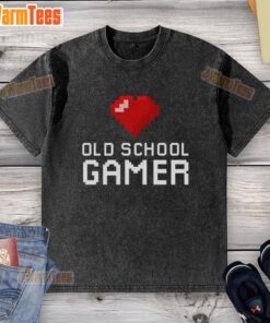 Good Old School Gamer Heart Washed T-Shirt featuring retro gaming graphics and a vintage-style design for gaming enthusiasts.