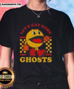 Good Pacman Lets Eat Some Ghosts Ladies Tee featuring a colorful graphic of Pacman and ghosts on a stylish shirt.