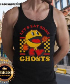 Good Pacman Let's Eat Some Ghosts tank top featuring a colorful graphic of Pacman chasing ghosts in a retro style.