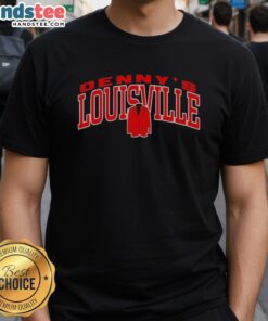 Alt Text: Good Pat Kelsey proudly wearing a Denny's Louisville T-shirt, showcasing team spirit and local pride.