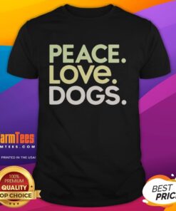 Good Peace Love Dogs T-Shirt featuring a playful design with a heart, peace sign, and dog illustrations in vibrant colors.