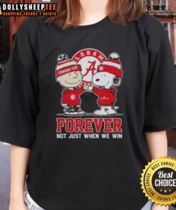 Alt Text: Good Peanut Snoopy and Charlie Brown Alabama Crimson Tide Forever Ladies Tee celebrating team spirit and loyalty.