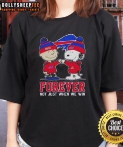 Alt Text: Good Peanut Snoopy and Charlie Brown Buffalo Bills Forever tee for ladies, perfect for fans celebrating every game.