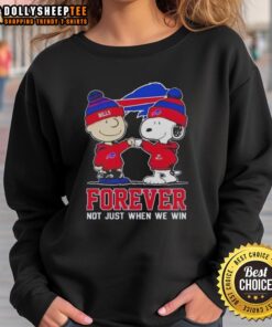 Alt Text: Good Peanut Snoopy and Charlie Brown Buffalo Bills Forever sweatshirt, perfect for fans celebrating team spirit.