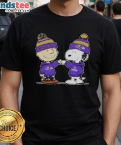 Good Peanuts Charlie Brown fist bump with Snoopy on a Baltimore Ravens football t-shirt design.