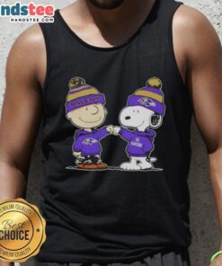 Charlie Brown and Snoopy fist bump on a Baltimore Ravens football tank top - Good Peanuts design for fans.