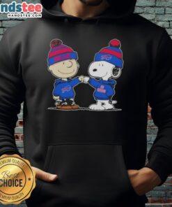 Charlie Brown and Snoopy fist bump in a Buffalo Bills football hoodie, celebrating friendship and team spirit.