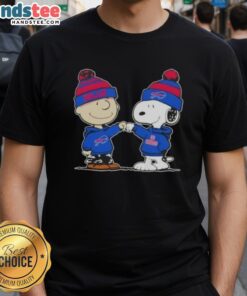 Good Peanuts Charlie Brown fist bump with Snoopy on Buffalo Bills football T-shirt design for fans and collectors.