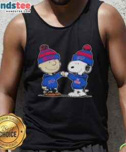 Charlie Brown and Snoopy fist bump on a Buffalo Bills football tank top, celebrating teamwork and fun.