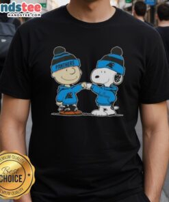 Good Peanuts Charlie Brown fist bump with Snoopy on Carolina Panthers football T-shirt design.