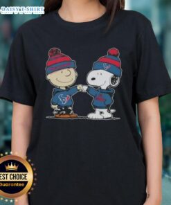 Charlie Brown and Snoopy fist bump in Houston Texans football ladies tee, celebrating good times with peanuts.