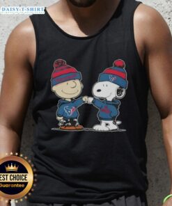 Charlie Brown fist bumping Snoopy on a Houston Texans football tank top, celebrating Good Peanuts style.