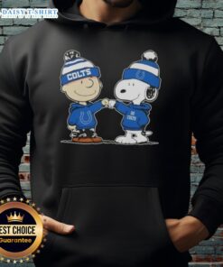 Charlie Brown and Snoopy fist bump in an Indianapolis Colts football hoodie, showcasing a fun Good Peanuts design.