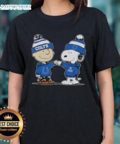 Charlie Brown and Snoopy fist bump on a ladies tee, celebrating Peanuts and Indianapolis Colts football spirit.