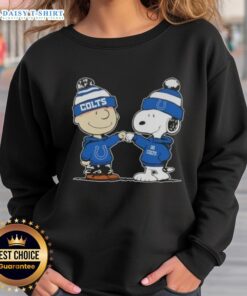 Charlie Brown and Snoopy fist bump in 'Good Peanuts' sweatshirt, showcasing Indianapolis Colts football spirit.