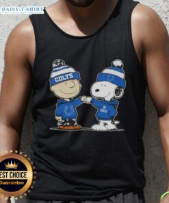 Charlie Brown and Snoopy fist bump in a Colts tank top; perfect for fans of Peanuts and Indianapolis Colts football.