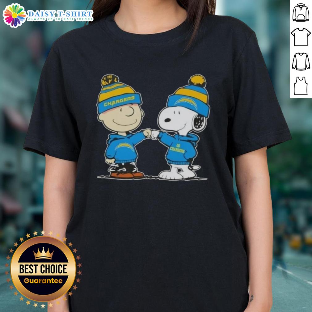 Good Peanuts Charlie Brown Fist Bump Snoopy X Los Angeles Chargers Football Ladies-Tee Charlie Brown fist bumps Snoopy in a Good Peanuts tee, showcasing Los Angeles Chargers football spirit for ladies.
