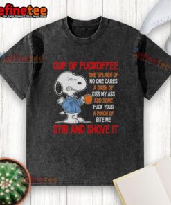 Good Peanuts Snoopy Cup of Fuckoffee Stir and Shove It washed t-shirt featuring iconic Snoopy graphic design.