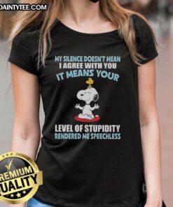 Good Peanuts Snoopy tee featuring the quote about silence and stupidity, perfect for fans of Peanuts and humorous apparel.