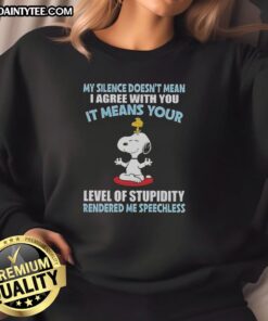 Good Peanuts Snoopy sweatshirt with quote: 'My silence doesn't mean I agree with you, it means your level of stupidity.'