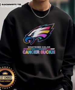 Philadelphia Eagles sweatshirt featuring 'Cancer Sucks' logo in team colors, perfect for fans supporting a great cause.