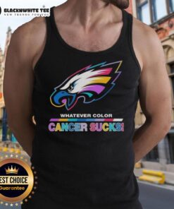 Colorful Philadelphia Eagles tank top featuring 'Cancer Sucks' logo, perfect for fans supporting a great cause.