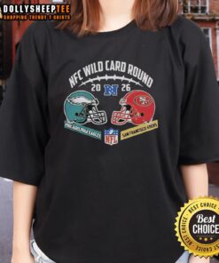 2026 NFC Wild Card Round: Philadelphia Eagles vs. San Francisco 49ers ladies tee featuring team logos and colors.