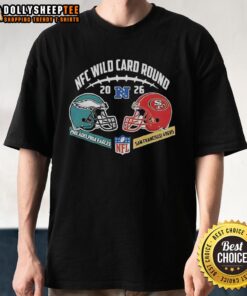 Good Philadelphia Eagles vs San Francisco 49ers 2026 NFC Wild Card Round T-Shirt featuring team logos and vibrant design.