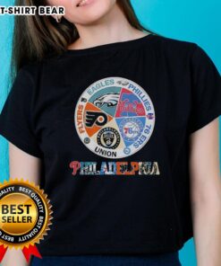 Good Philadelphia Teams Ladies Tee featuring Flyers, Eagles, Phillies, 76ers, and Union logos for sports fans.