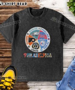Good Philadelphia Teams Flyers Eagles Phillies 76ers Union washed t-shirt featuring logos of iconic sports teams.