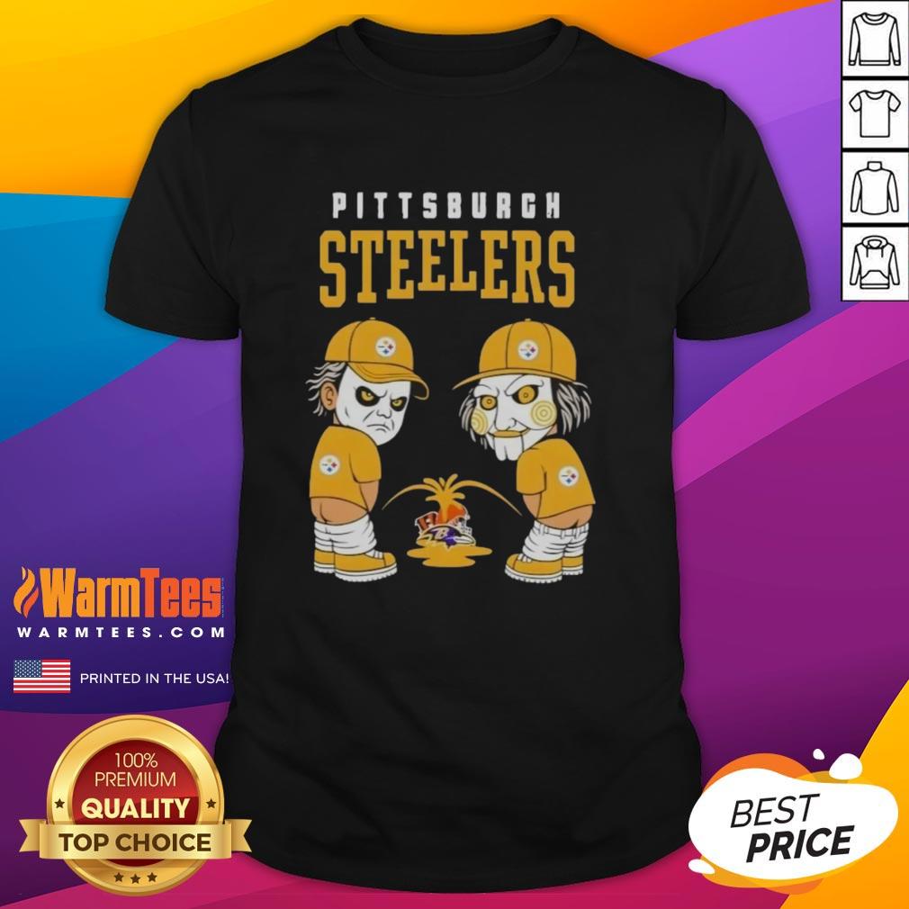 good-pittsburgh-steelers-x-michael-myers-and-billy-the-puppet-piss-on-baltimore-ravens-vs-cleveland-browns-t-shirt-1 Good Pittsburgh Steelers X Michael Myers and Billy The Puppet T-Shirt featuring Ravens vs. Browns theme.