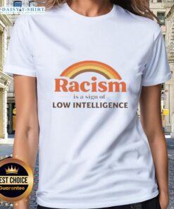 Retro ladies tee featuring 'Good Rainbow Racism is a Sign of Low Intelligence' slogan, vibrant colors, and playful design.
