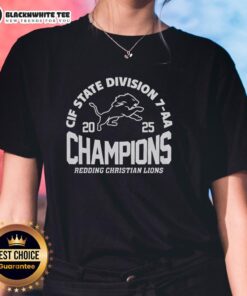 Good Redding Christian Lions CIF State Division 7 AA Champions ladies tee featuring team logo and winning design.