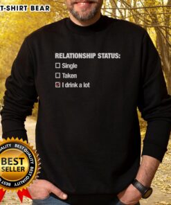 Alt Text: Cozy sweatshirt featuring Good Relationship Status: I Drink A Lot slogan, perfect for casual wear and humor.