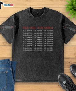 Good Rock Ridge Town Council members wearing Johnson washed T-shirts during a community meeting outdoors.