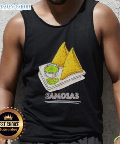 Good Samosa Lover wearing a tank top featuring Indian snack foodies enjoying delicious samosas at a vibrant food event.